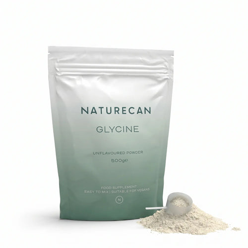 Naturecan Glycine packaging with a scoop of unflavored powder, 500g, vegan-friendly.