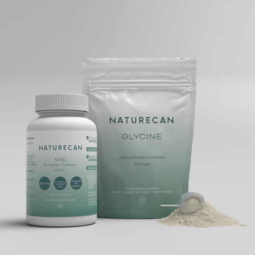 Naturecan NAC capsules and Glycine powder packaging with a scoop of powder.