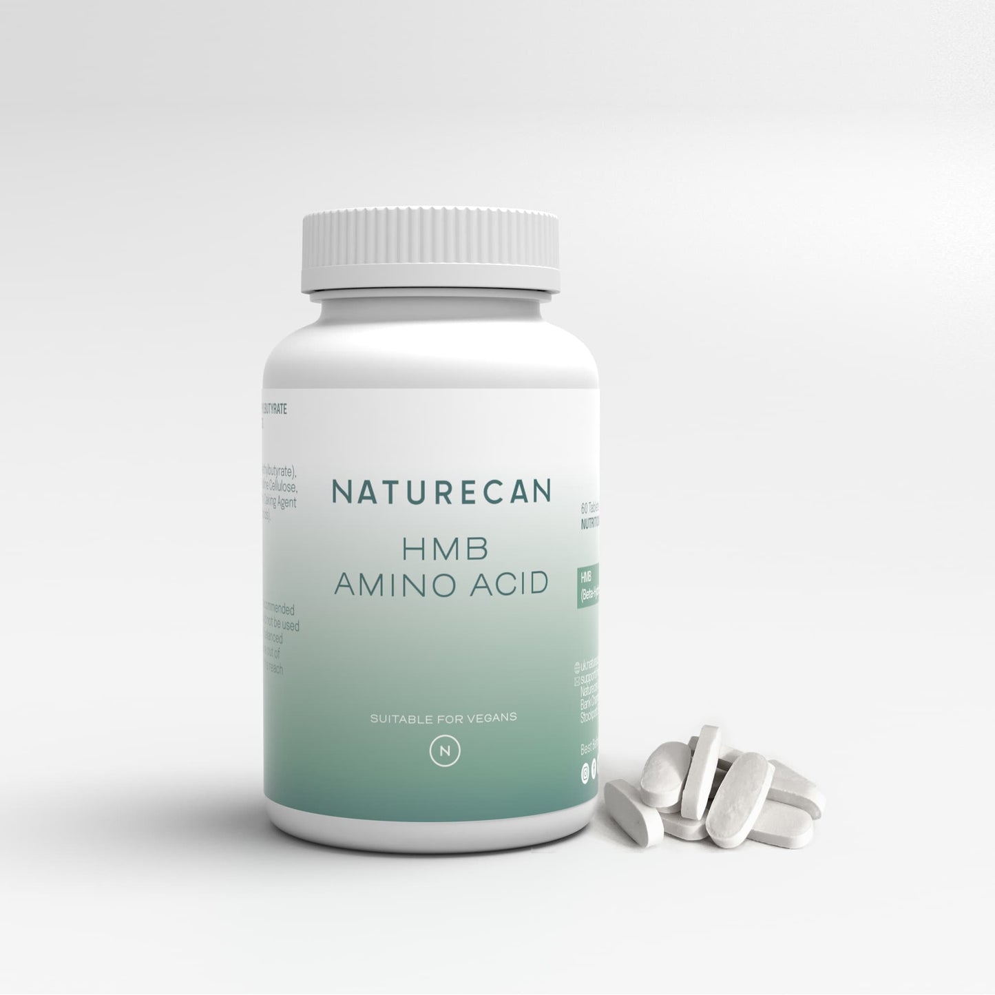 Naturecan HMB Amino Acid supplement bottle and capsules on a white background.