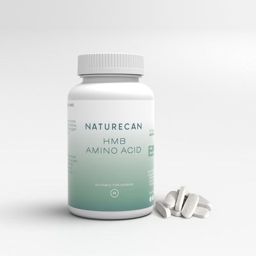 Naturecan HMB Amino Acid supplement bottle and capsules on a white background.