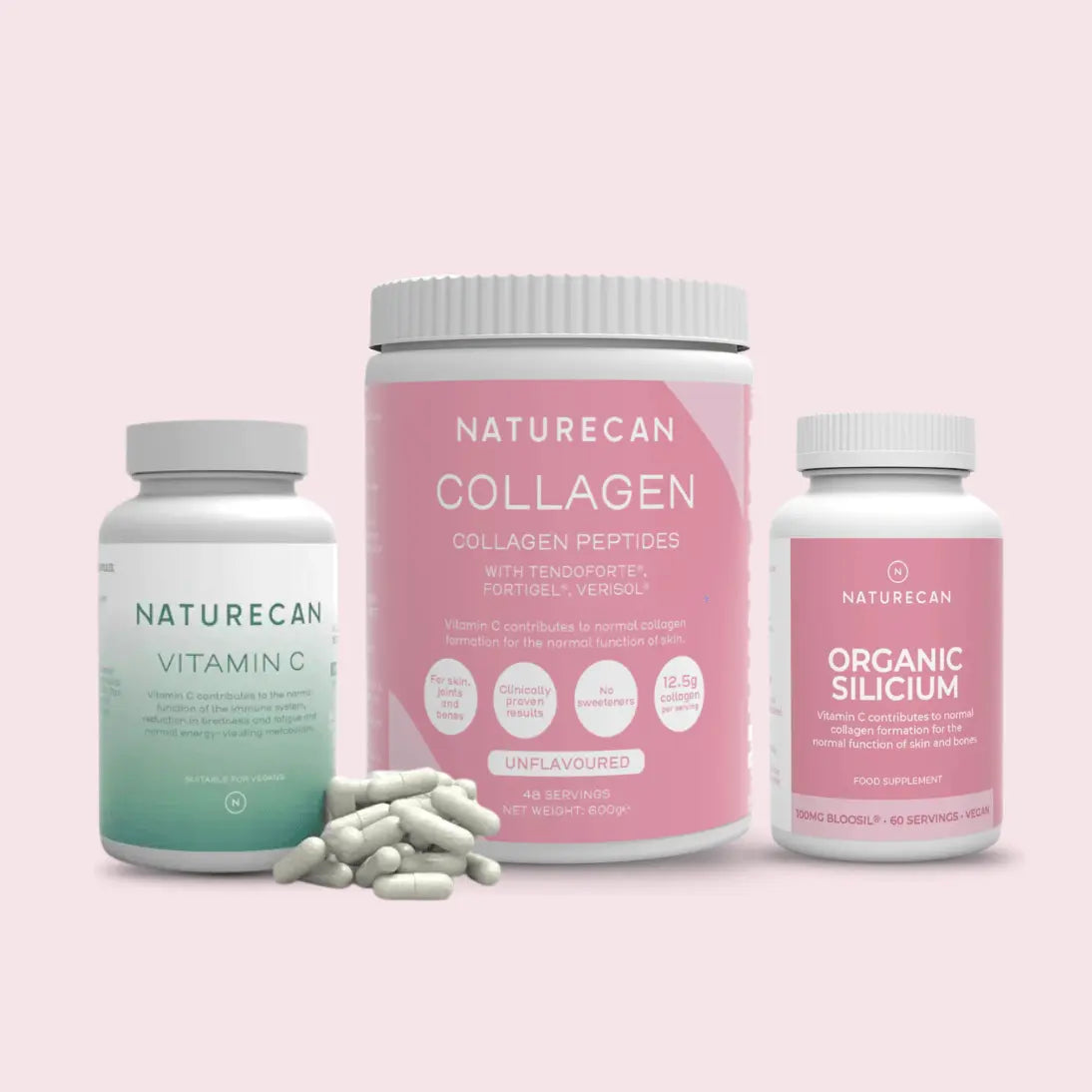 Three Naturecan supplement bottles on a pink background