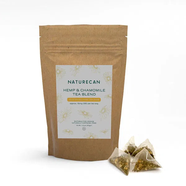 Naturecan Hemp & Chamomile Tea Blend packaging with tea bags displayed in front.