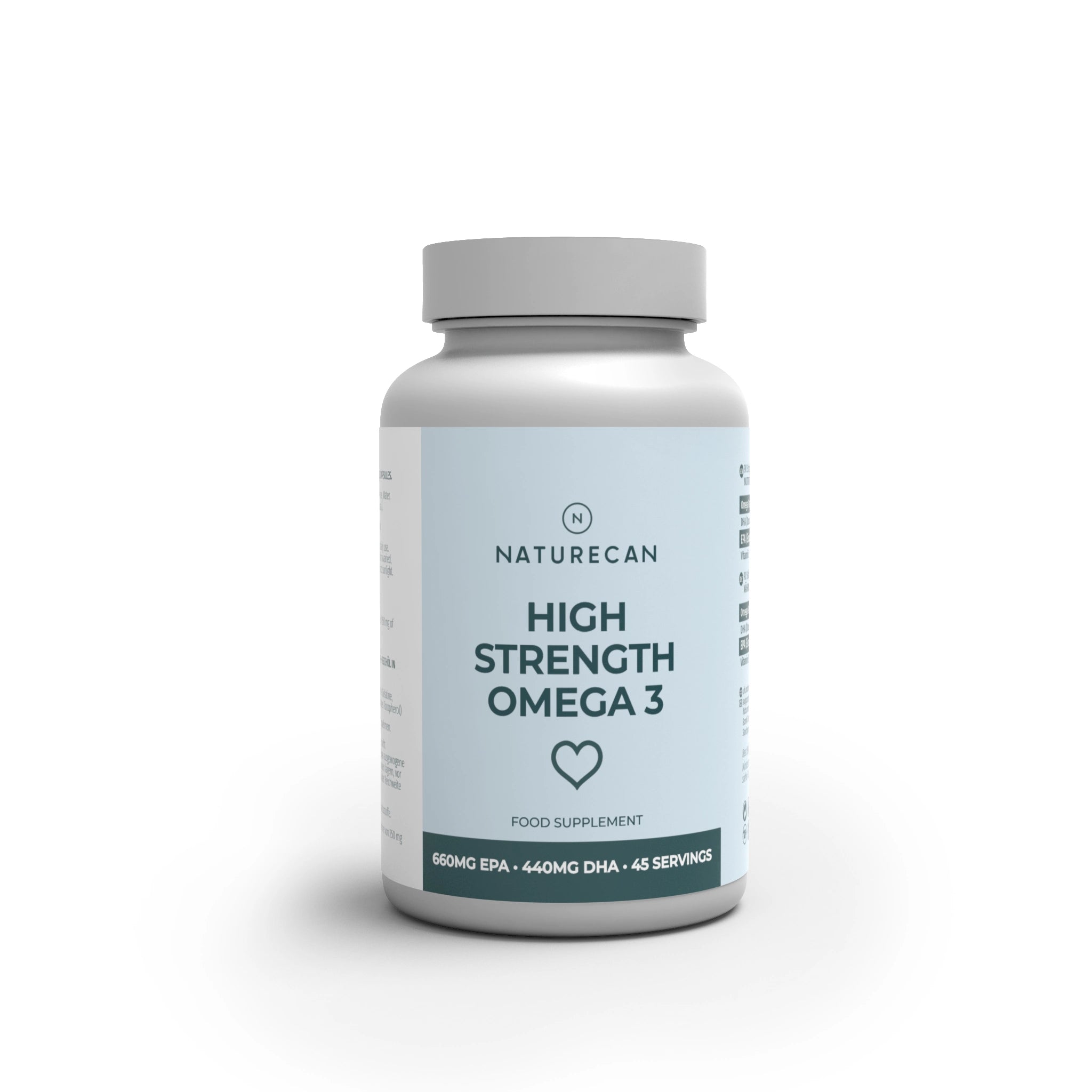 A bottle of Naturecan High Strength Omega 3 food supplement, featuring a light blue label and a gray cap, set against a plain white background.