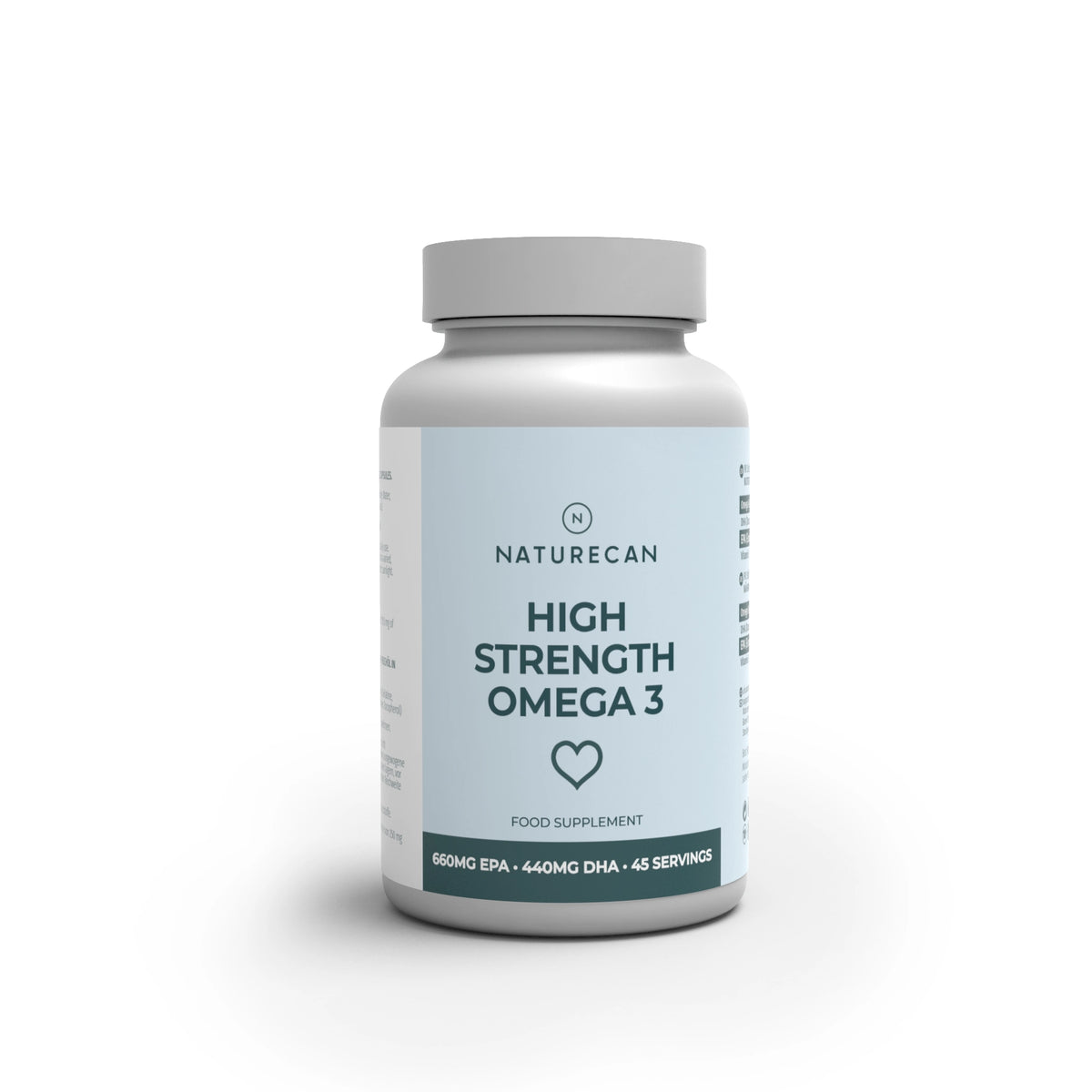 A bottle of Naturecan High Strength Omega 3 food supplement, featuring a light blue label and a gray cap, set against a plain white background.