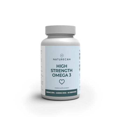 A bottle of Naturecan High Strength Omega 3 food supplement, featuring a light blue label and a gray cap, set against a plain white background.