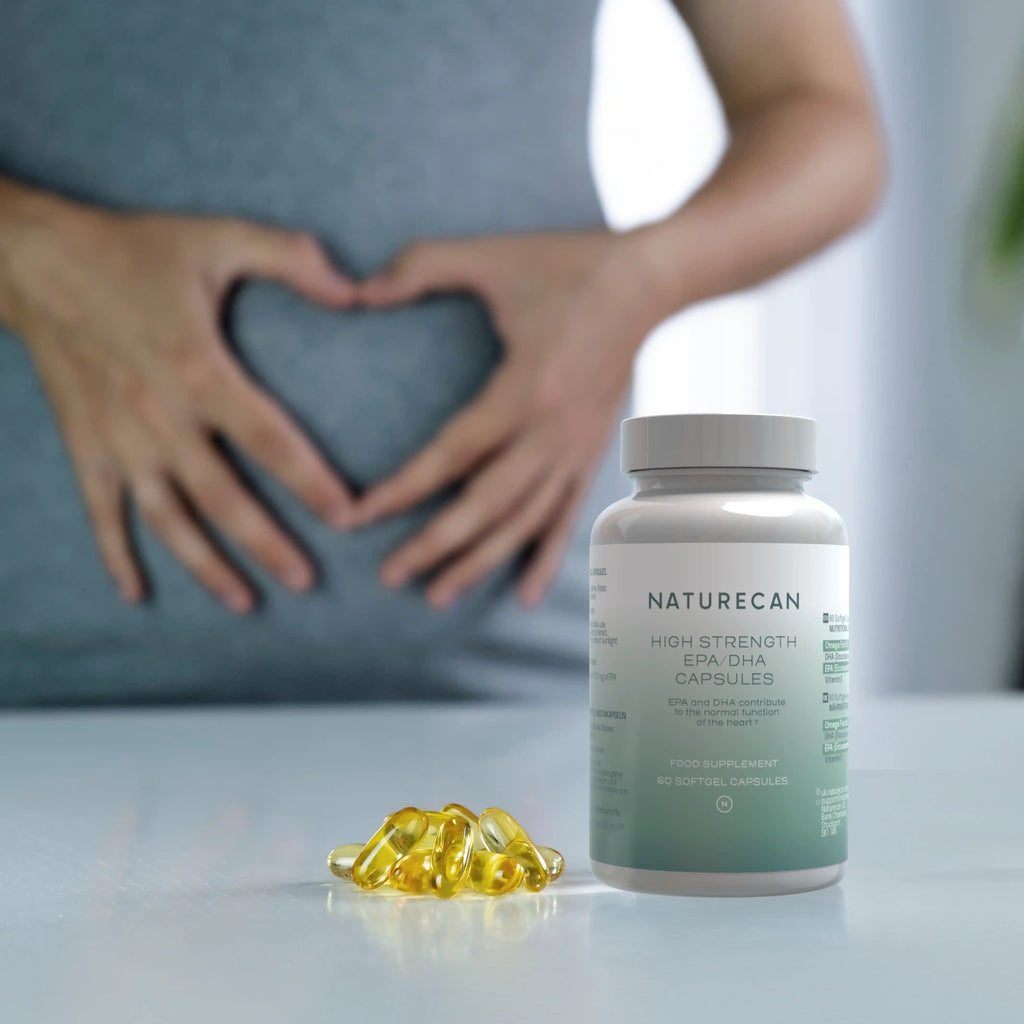 Naturecan High Strength EPA capsules with a person making a heart shape on their stomach.