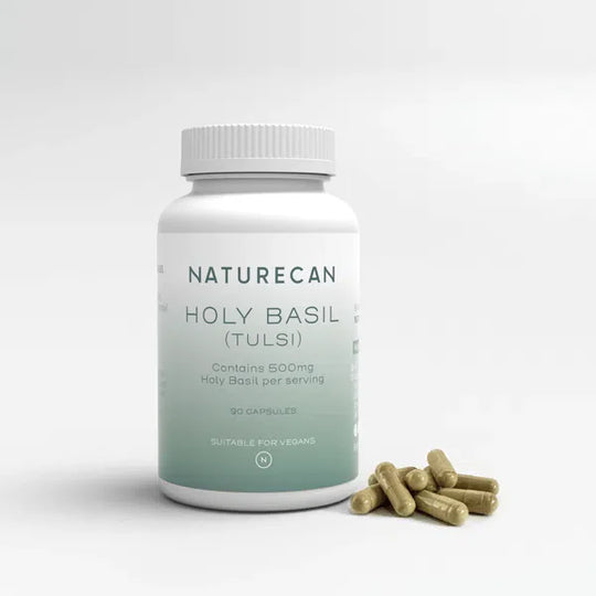 Naturecan Holy Basil (Tulsi) capsules bottle with capsules beside it, labeled for vegans.