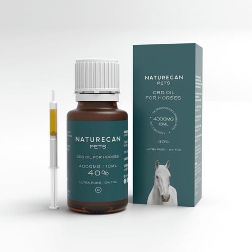 Naturecan Pets CBD oil for horses, 4000mg/10ml, 40%, with syringe and packaging featuring a horse image.