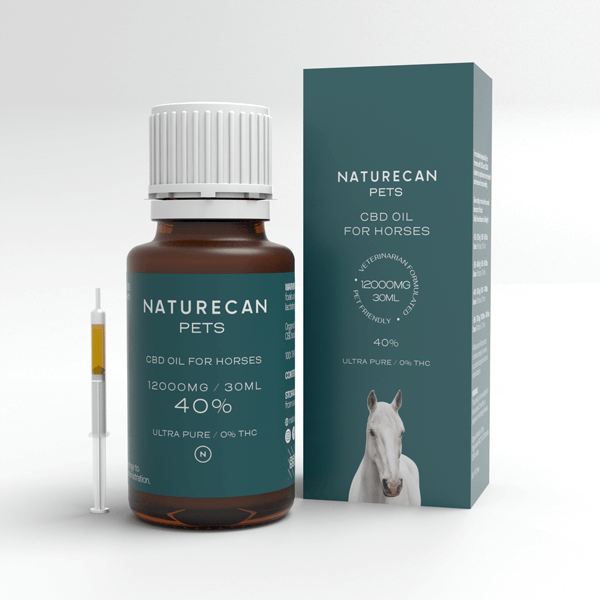 Naturecan Pets CBD oil packaging for horses, 12000mg/30ml, 40% strength, with a syringe included.