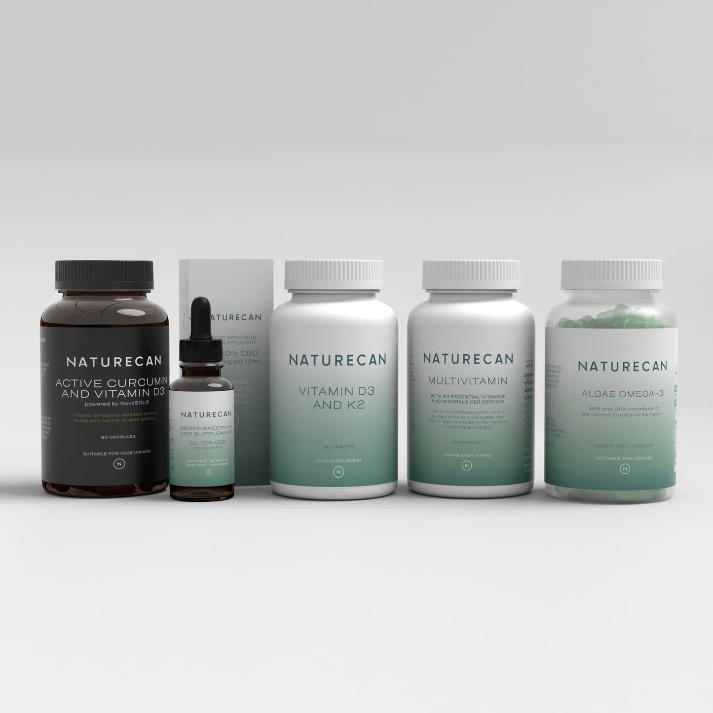 Naturecan wellness bundle includes vitamins D3, K2, multivitamins, omega-3 capsules, and CBD oil.