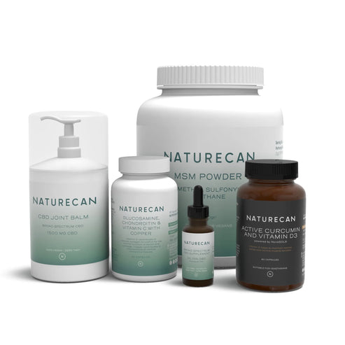 Naturecan product bundle with CBD balm, MSM powder, vitamin supplements, and more, displayed in white and green packaging.