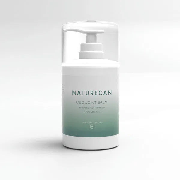 Naturecan CBD Joint Balm packaging with a pump dispenser, labeled "Broad Spectrum CBD 1500 MG CBD".