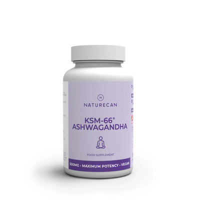 Supplement bottle labeled 'KSM-66 Ashwagandha' by Naturecan on a white background