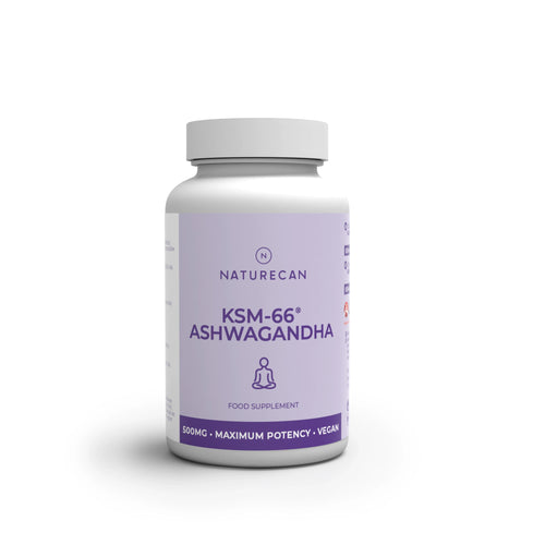 Supplement bottle labeled 'KSM-66 Ashwagandha' by Naturecan on a white background