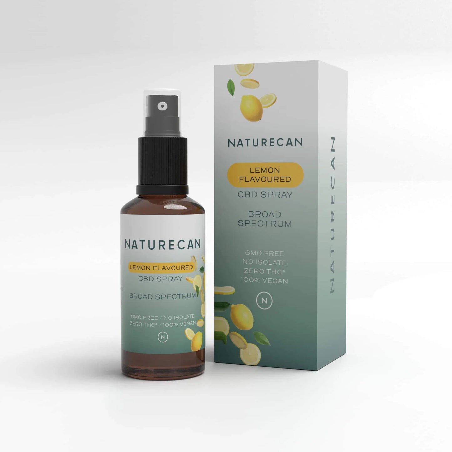 Lemon-flavored CBD spray bottle and box from Naturecan, featuring lemon graphics and product details.