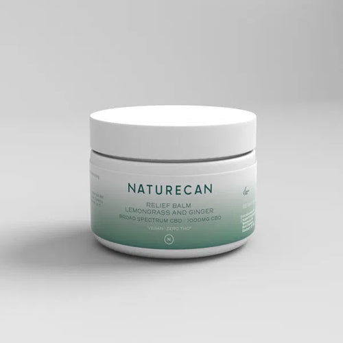 Naturecan relief balm jar with lemongrass and ginger, 1000mg CBD, on a plain background.