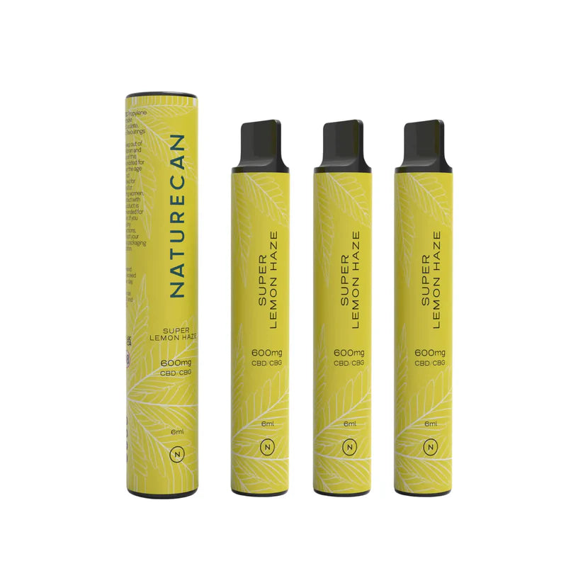 Naturecan Super Lemon Haze CBD vape value pack with three yellow vapes and leaf design.