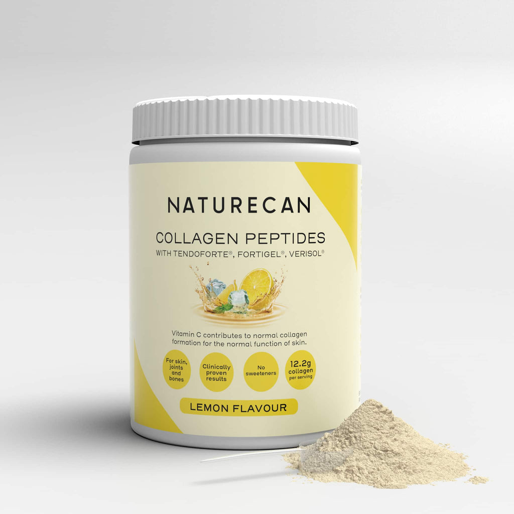 Naturecan Lemon Collagen Peptides Powder packaging with a lemon slice and powder scoop.