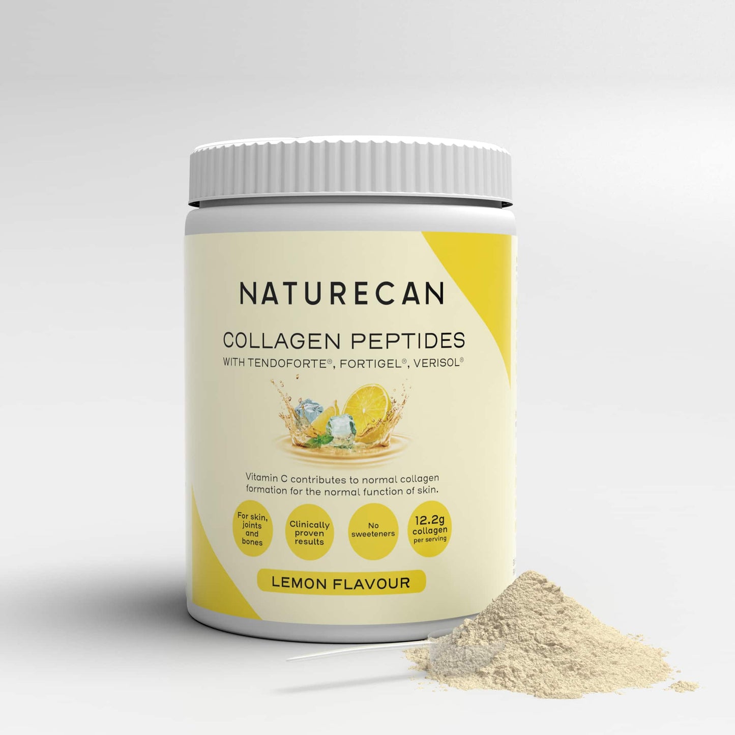 Naturecan Lemon Collagen Peptides Powder packaging with a lemon slice and powder scoop.