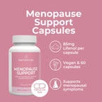 Menopause support capsule bottle with Lifenol, vegan, 60 capsules, 85mg per capsule, pink background.