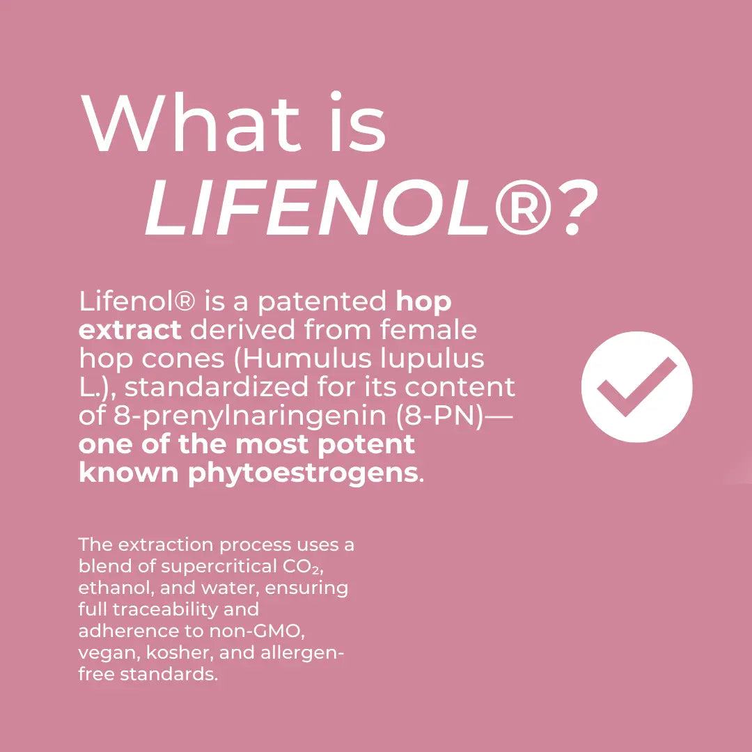 Lifenol infographic on hop extract benefits and extraction standards, featuring a checkmark on a pink background.