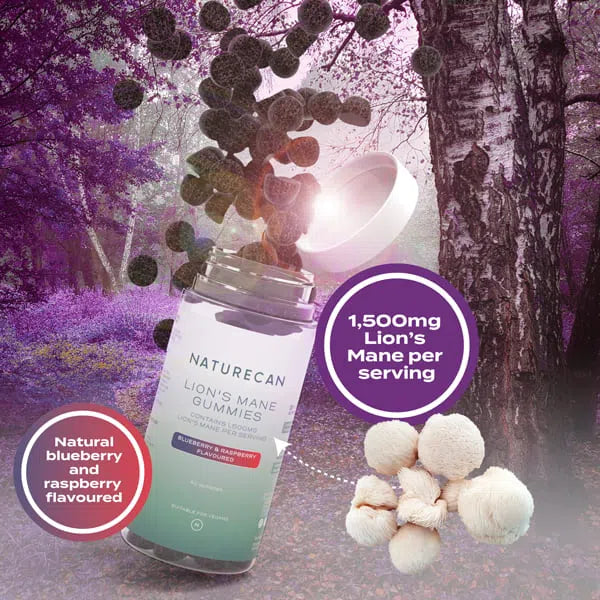 Naturecan Lion's Mane Gummies with blueberry and raspberry flavor, 1,500mg per serving, in a forest setting.