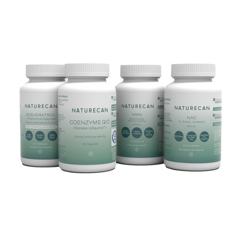 Naturecan supplements including CoQ10, Resveratrol, NMN, and NAC bottles in a bundle.