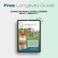 Free Longevity Guide banner with a smiling woman in a field, promoting a guide for a healthier life by Naturecan.