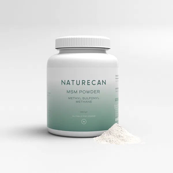 Naturecan MSM Powder packaging with a white jar and green gradient label.