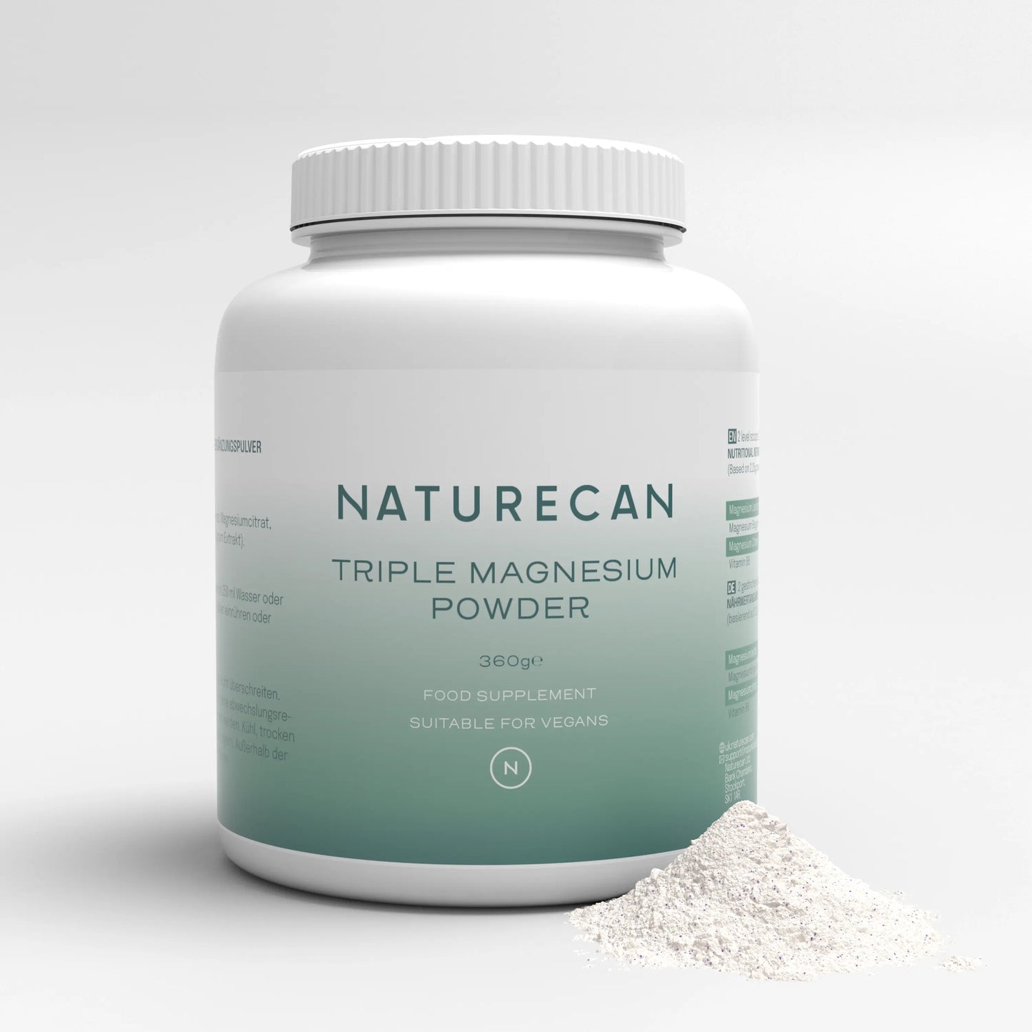 Naturecan Triple Magnesium Powder container with a small pile of powder, labeled as vegan and food supplement.