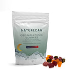 Naturecan CBD Melatonin Gummies packaging with multicolored gummies beside it.