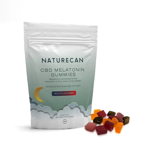 Naturecan CBD Melatonin Gummies packaging with multicolored gummies beside it.