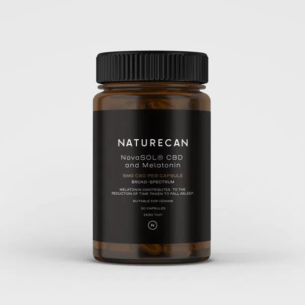 Naturecan NovaSOL CBD and Melatonin capsules in a dark amber jar with black label and lid.