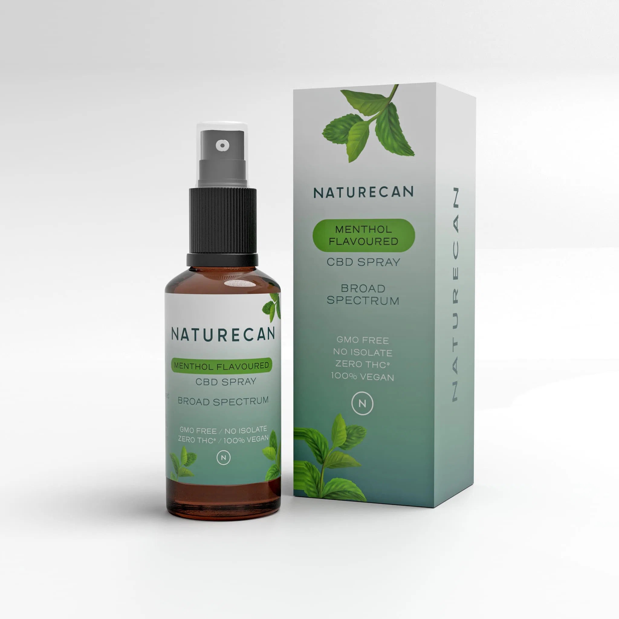 Naturecan menthol flavoured CBD spray bottle and packaging, labeled broad spectrum and vegan.