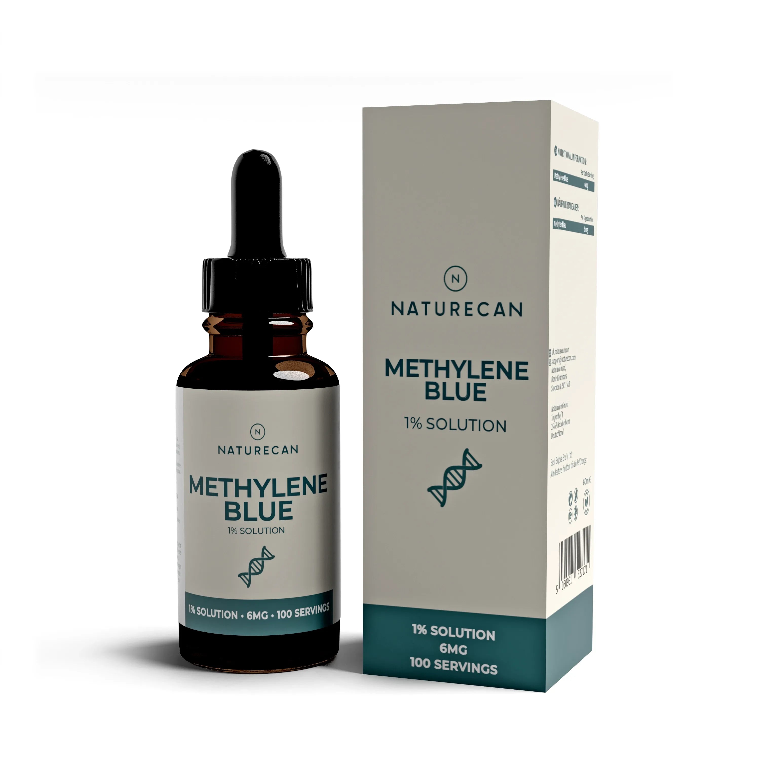 Bottle and box of Naturecan Methylene Blue 1% Solution on a white background