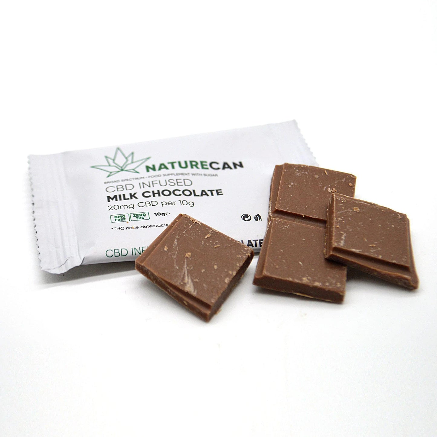CBD-infused milk chocolate squares with Naturecan packaging in the background.