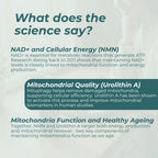 Text-based infographic about NAD+, cellular energy, mitochondrial quality, and function on a light background.