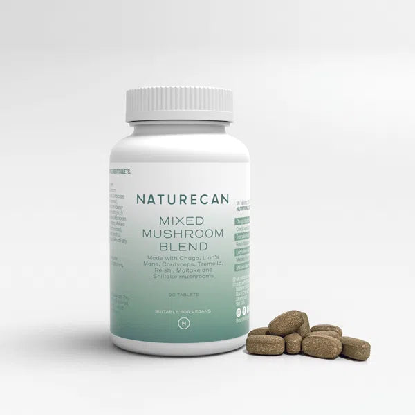 Naturecan Mixed Mushroom Blend tablets bottle with scattered tablets, featuring various mushroom extracts.
