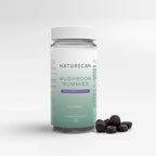 Naturecan Mushroom Gummies packaging, blackcurrant flavor, with 60 vegan gummies displayed alongside the bottle.
