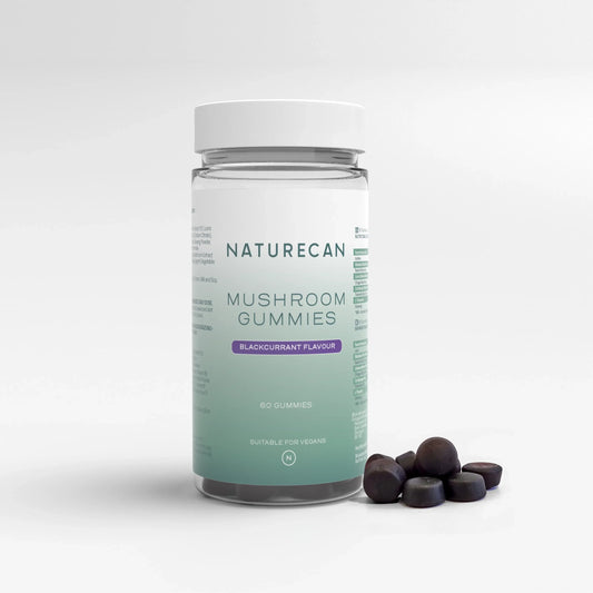 Naturecan Mushroom Gummies packaging, blackcurrant flavor, with 60 vegan gummies displayed alongside the bottle.