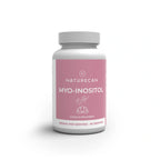 A white bottle of Naturecan Myo-Inositol food supplement with a pink label and a gray cap, shown on a white background with a soft shadow.