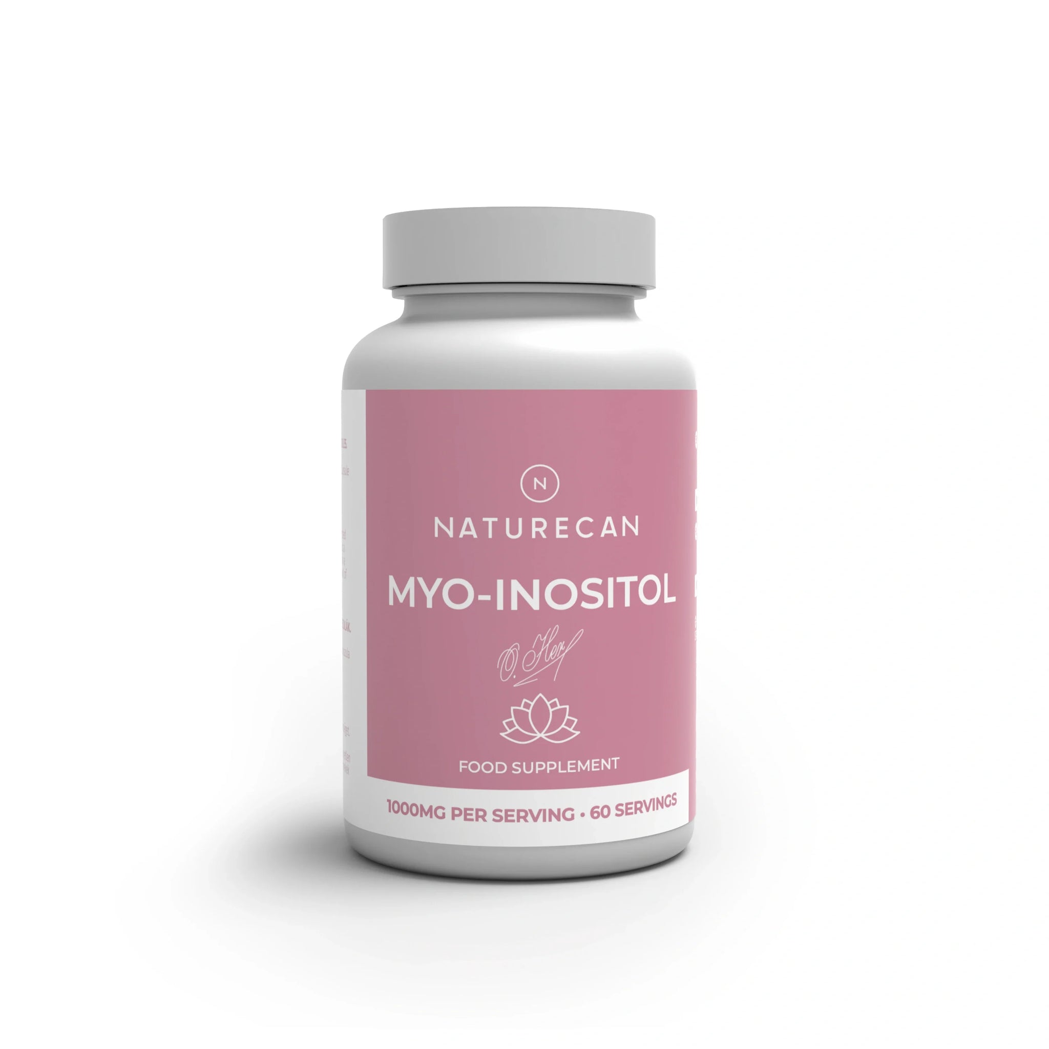 A white bottle of Naturecan Myo-Inositol food supplement with a pink label and a gray cap, shown on a white background with a soft shadow.