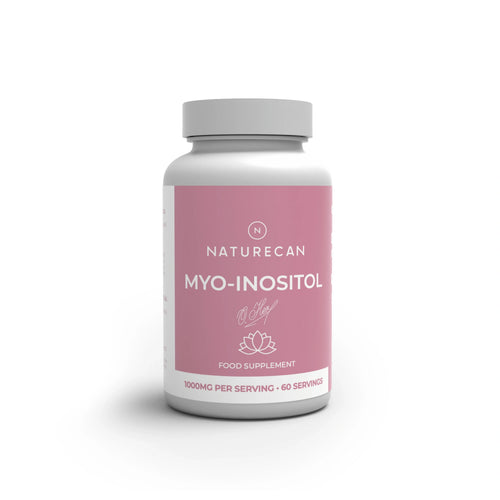 A white bottle of Naturecan Myo-Inositol food supplement with a pink label and a gray cap, shown on a white background with a soft shadow.
