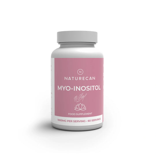A white bottle of Naturecan Myo-Inositol food supplement with a pink label and a gray cap, shown on a white background with a soft shadow.