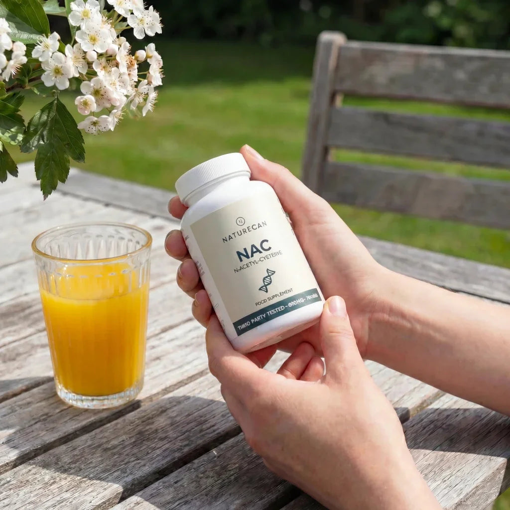 Person holding a bottle of NAC supplements outdoors with a glass of juice and flowers on a wooden table.