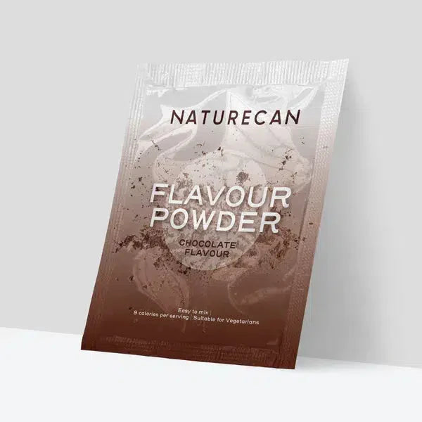 Naturecan chocolate flavour powder sachet with brown gradient design.