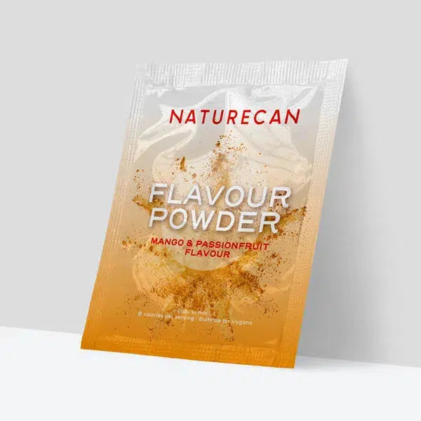 Naturecan mango and passionfruit flavour powder sachet with orange gradient design.