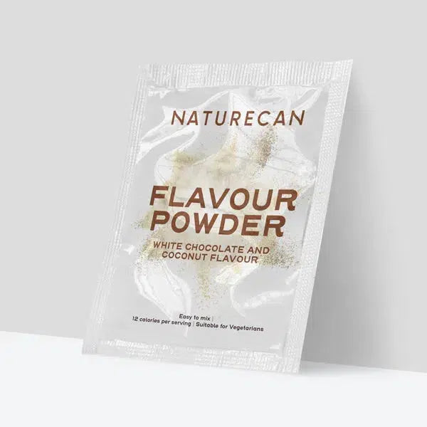 Naturecan sachet of white chocolate and coconut flavour powder, suitable for vegetarians.