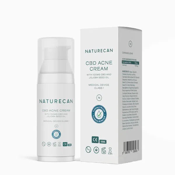 Naturecan CBD Acne Cream packaging with pump bottle and box, featuring 100mg CBD and jojoba seed oil.