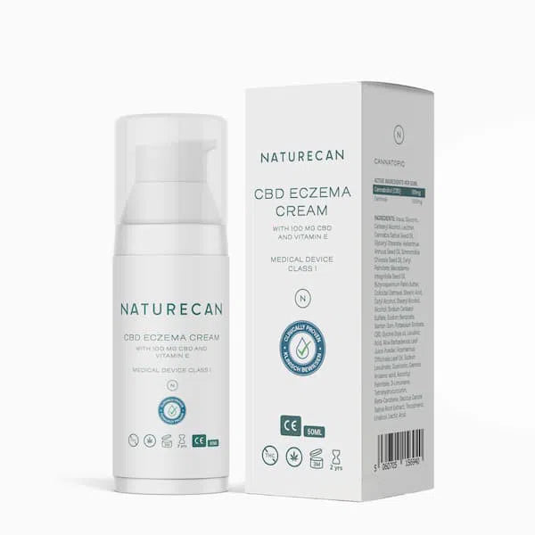 Naturecan CBD Eczema Cream packaging with bottle and box, featuring product details and certification logos.